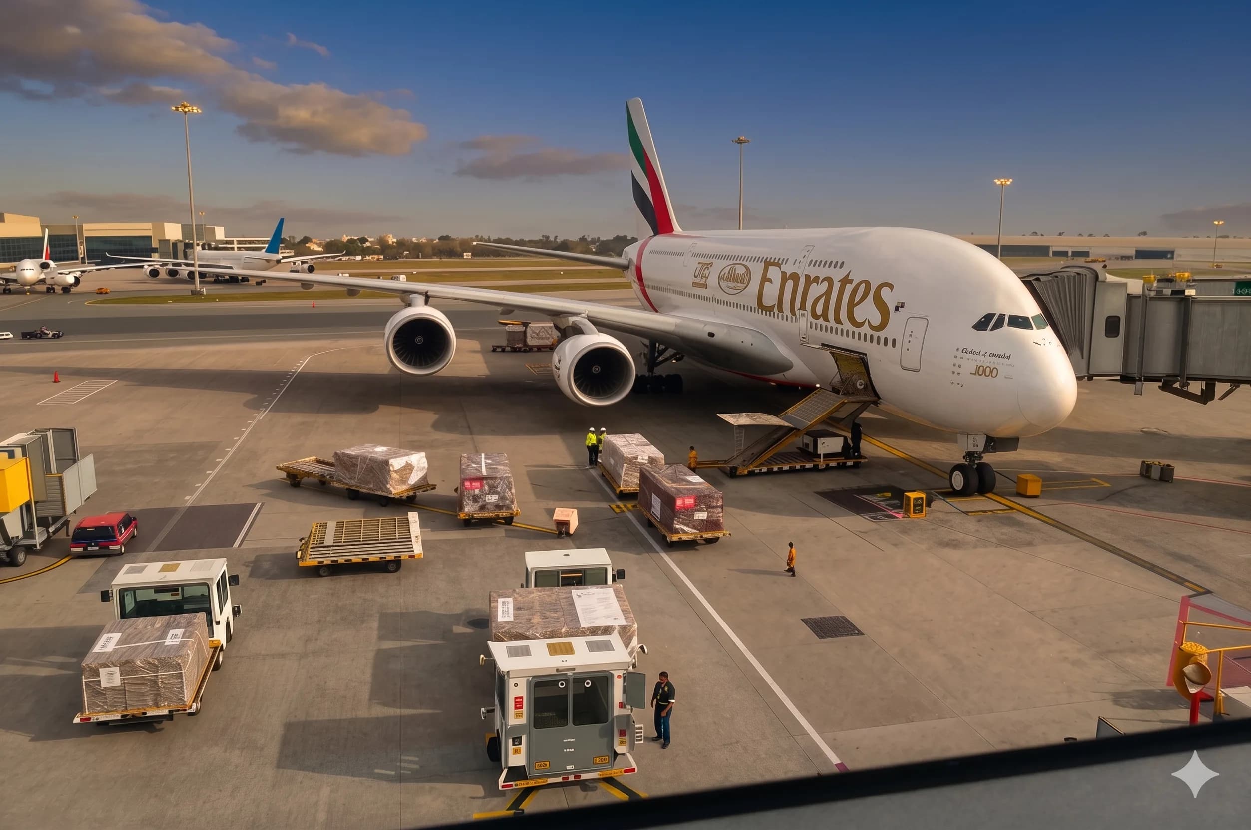 Cargo aircraft being loaded on the tarmac at sunrise